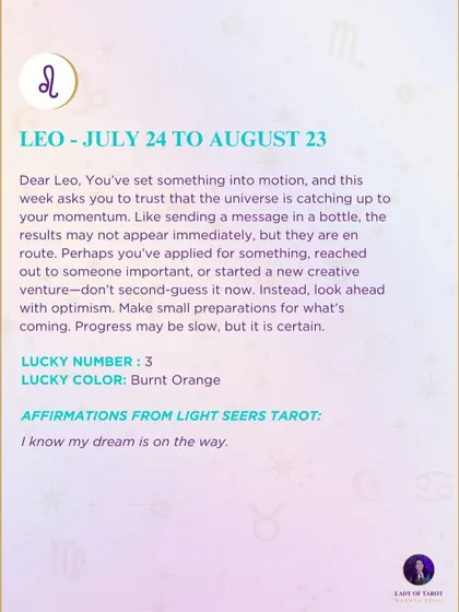 This week's tarot reading for Leo. You've set something into motion, and this week asks you to trust that the universe is catching up. Progress may be slow, but it is certain.