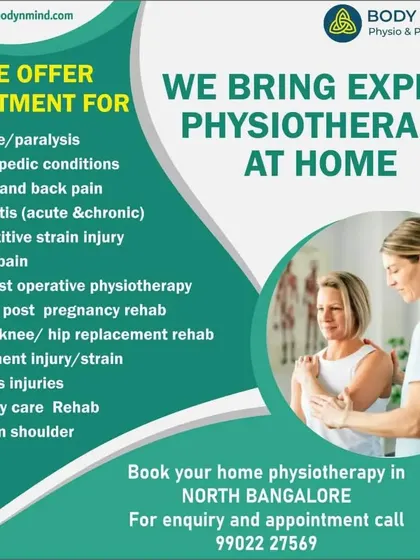 I offer expert physiotherapy services at your home for your convenience, covering a wide range of conditions from post operative rehab to elderly care across North Bangalore.