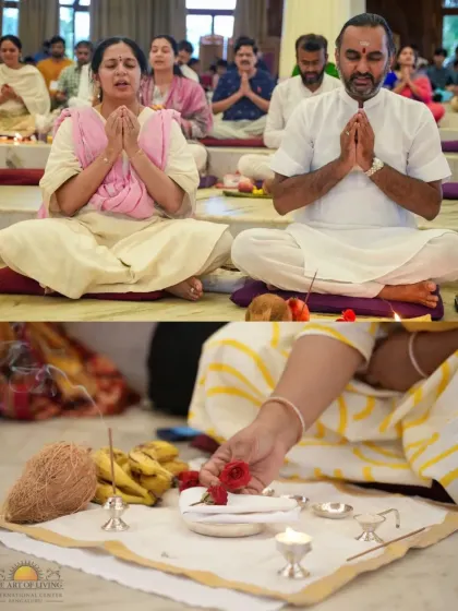A couple participates in the Guru Puja ceremony together. Our programs are for everyone, and many couples and families find that practicing together deepens their bond and shared spiritual journey.