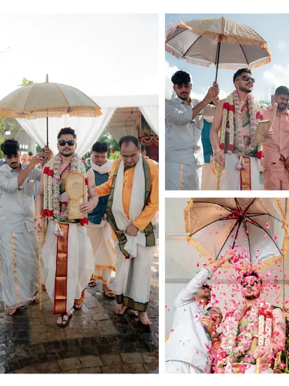 The groom's Kashi Yatra, a traditional and often fun-filled ritual. Varun is showered with flowers as he playfully pretends to leave for a life of asceticism.