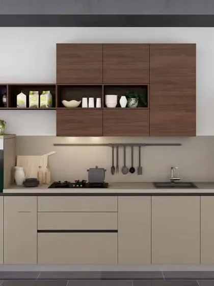 We designed this straight kitchen with a mix of beige and dark wood cabinets for a warm, layered look. The layout includes dual built-in ovens, making it a great setup for those who love to bake and entertain.