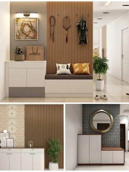 Here are three more ideas for beautiful and functional entryways, each featuring a shoe cabinet combined with a seating bench and decorative elements like mirrors or hooks.