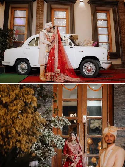 A collage of the couple posing with a classic white car. These shots blend romance with a cool, retro vibe, making for memorable wedding portraits.