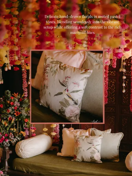 At the mehendi, I paired the vibrant marigold decor with these soft, hand-drawn floral cushions. The muted tones provided a beautiful contrast and added a layer of delicate artistry.