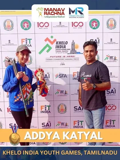 Addya Katyal with her coach Anant after her Bronze medal win at the Khelo India Youth Games, showcasing the strong mentor-athlete relationship we foster.