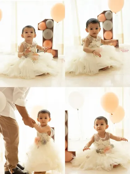 A collection of precious moments from a first birthday celebration. From holding dad's hand to sitting pretty among the balloons, this collage captures the joy of turning one.