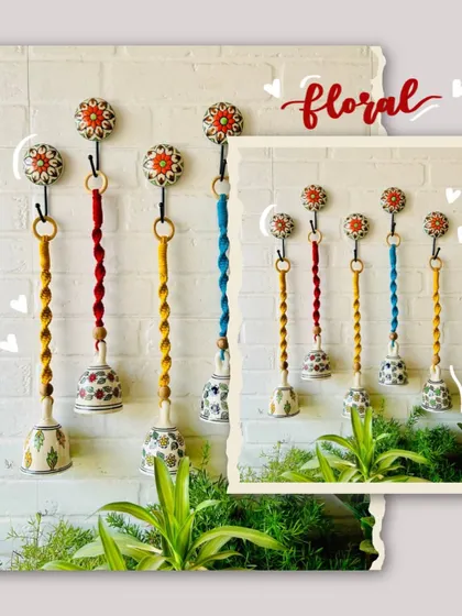 A beautiful display of our best-selling macrame ceramic bells. This image shows a set of five in different colors, each hand-knotted with love and paired with a decorative ceramic hook.