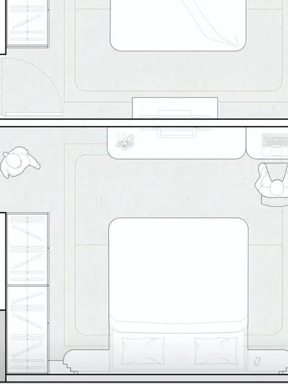 A layout showing the relationship between two adjacent bedrooms. This demonstrates my process for optimizing space and ensuring privacy while maintaining a cohesive design across different rooms.