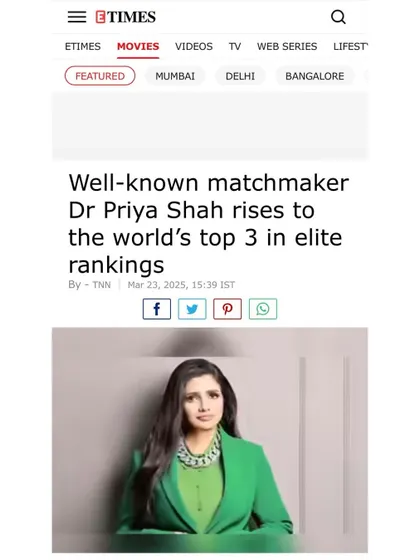 The Times of India, Etimes, and Times Ascent have chronicled my journey extensively, from receiving the Inspiring Entrepreneur Award to being ranked among the world's top 3 elite matchmakers. These articles detail my philosophy of creating 'organic connections' and building a heritage institution for arranged love marriages.