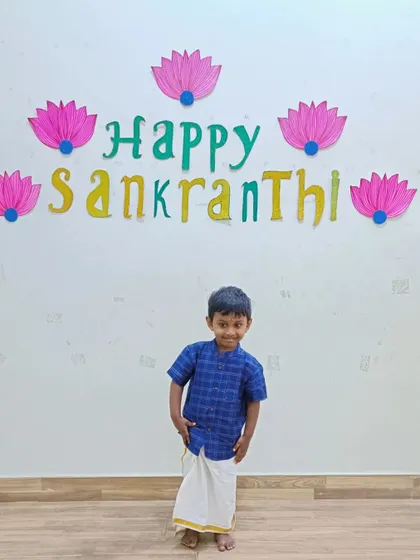 This little boy looks dashing in his traditional veshti for our Sankranti celebration.