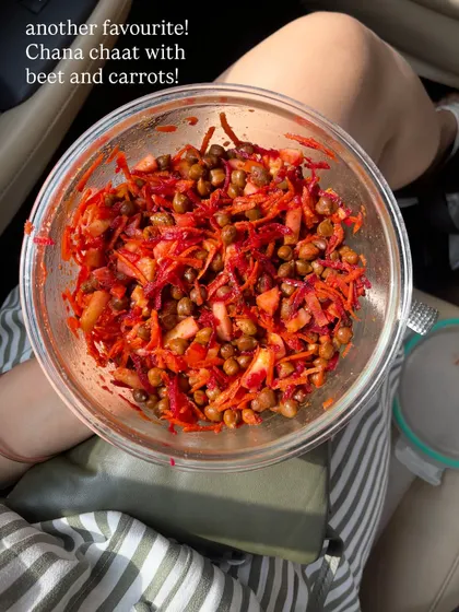 A homemade chana chaat with beetroot and carrots. A simple, protein-packed, and delicious snack that is both healthy and satisfying.