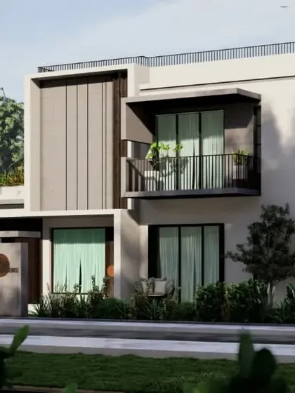 Another perspective of the Sandeep Mukim Residence, showing how the building's massing and landscape elements work together to create a harmonious composition.