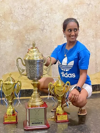 Posing with the trophies from the Gadre Gaspar Dias 2024 tournament. Securing both the Ladies Singles and Mixed Doubles titles was an amazing feeling and a testament to consistent hard work.