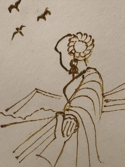 A simple, artistic sketch of a woman looking out at the sea. This can be a beautiful and unique element in a personalized design.