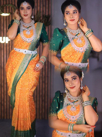 A vibrant yellow and green silk saree styled for a photoshoot. The puff-sleeve blouse adds a traditional touch, and the drape is neat and flattering.