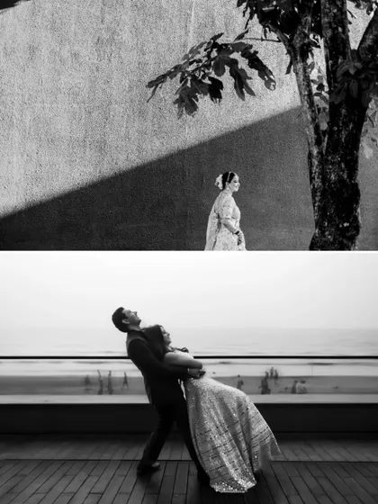 A collage of two distinct monochrome shots: a bride walking against a textured wall and a couple in a classic dance pose against the sea.