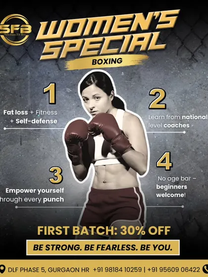 Be strong, be fearless, be you. This poster for our women's special boxing classes outlines the key benefits: fat loss, fitness, and self defense, all taught by national level coaches in a beginner friendly environment.