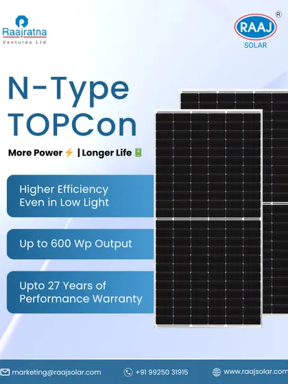 Get more power and a longer life from your solar investment with our N-Type TOPCon panels. They are designed to provide higher efficiency even in low light, with up to 600 Wp output and a 27-year performance warranty.