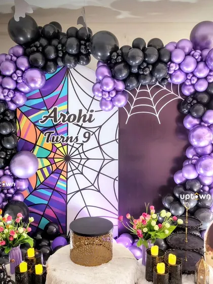 Detail shot of the balloon arch and backdrop for the Wednesday party.