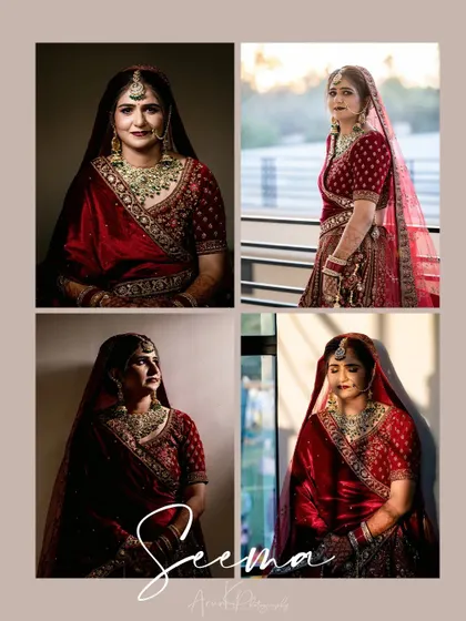 A collage of bridal portraits showing different moods and angles, from classic poses to sunlit shots.