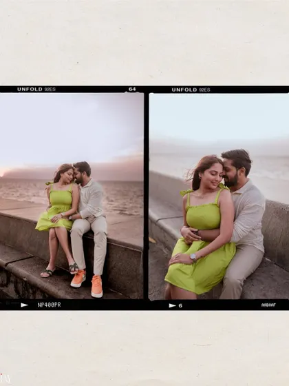A film-strip collage of a couple's sunset shoot at Marine Drive, complete with their furry friend.