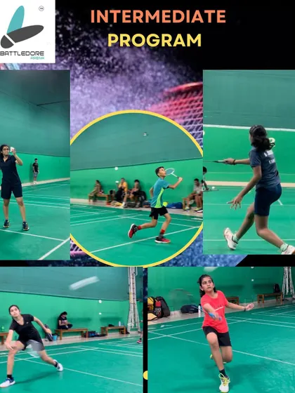A collage showcasing our intermediate program. Players at this level work on advanced footwork, powerful smashes, and complex rally simulations.