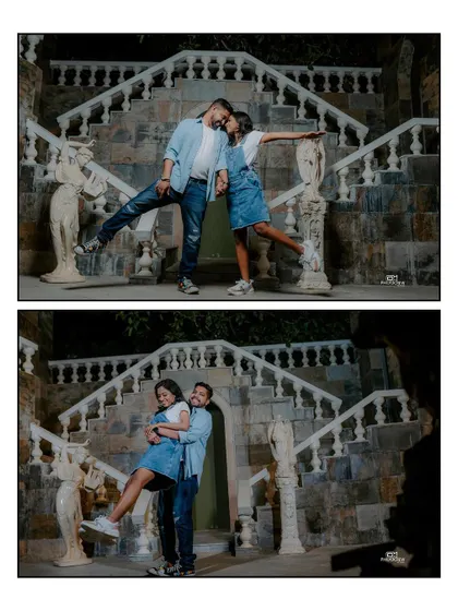 A collage of a couple having fun and posing on a grand staircase.