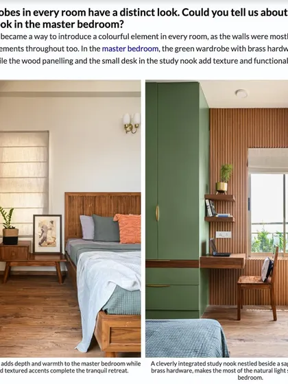 A press feature showing two different bedroom designs, one with warm wood paneling and another with a clever integrated study nook beside a green wardrobe.