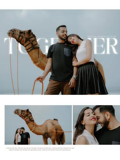A creative collage from a unique beach pre-wedding shoot in Goa. Including a camel in the photos adds an unexpected and memorable element, perfect for couples looking for something different.