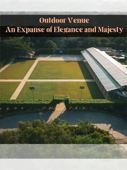 An aerial view of our expansive outdoor venue, highlighting its elegance and majesty. The vast lawn and adjacent covered structure offer endless possibilities for large-scale event design.