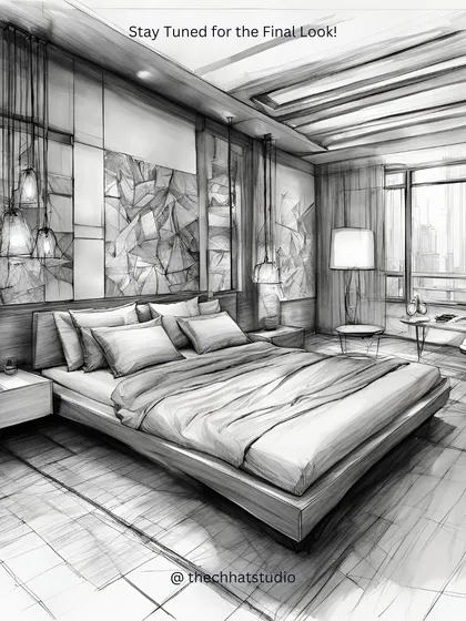 A design sketch for a duplex bedroom. Before moving to 3D renders, I create detailed sketches like this to finalize the layout, furniture placement, and overall aesthetic, ensuring the final look is perfect.