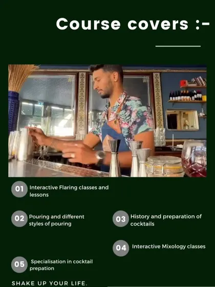 Our course covers interactive flaring classes, different pouring styles, cocktail history, and specialized mixology preparation.