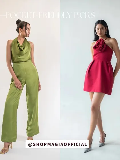 More pocket-friendly finds. A green satin jumpsuit and a red mini dress with a floral detail are both chic and affordable options for a night out.