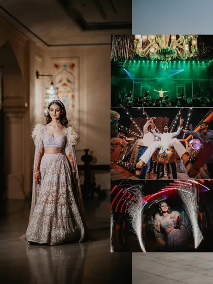 A collage from a Sangeet night in Jaipur, showing the bride's elegant portrait, the energy of the party, and creative light painting.