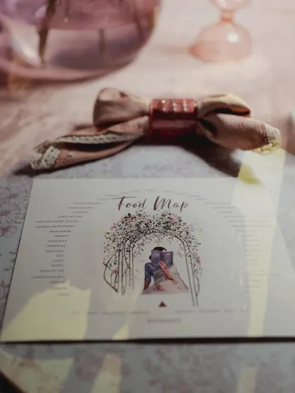 A custom-designed "Food Map" menu, adding a personal and artistic touch to the table setting.