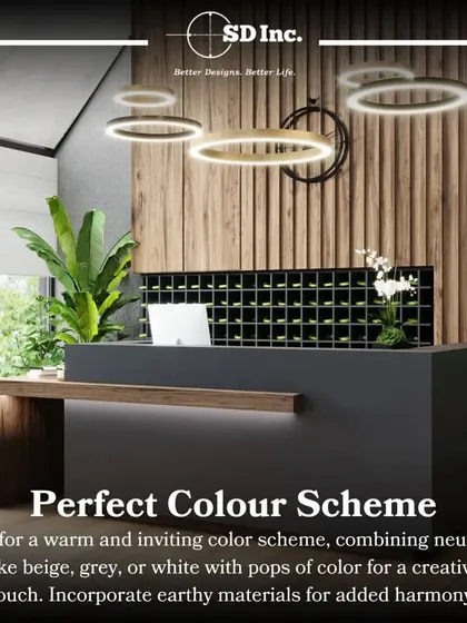 Color scheme is crucial for setting a mood. We often use a warm, inviting palette with neutral tones and pops of color, combined with earthy materials for a harmonious feel.