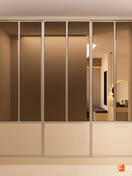 An elegant aristo wardrobe with brown tinted mirror panels, perfect for a bedroom with a warm and luxurious color scheme.