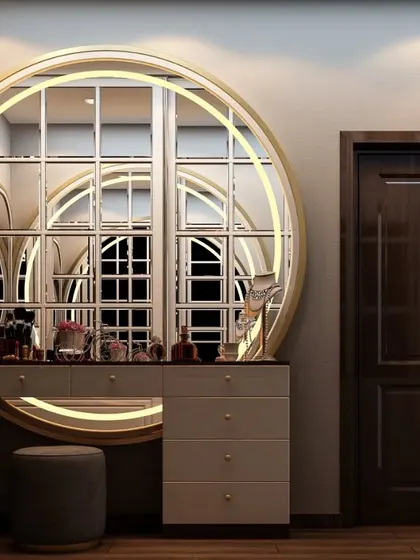 From our full villa project, this dressing table features a large, round backlit mirror with a unique window-pane effect. The design is both a functional vanity and a stunning decorative piece.