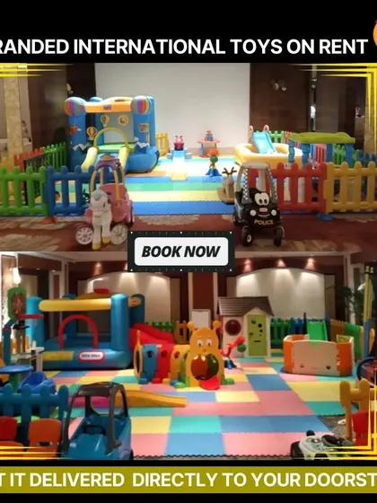 Branded international toys on rent. This graphic shows two large indoor setups, filled with colorful and engaging toys, which can be delivered directly to your doorstep.