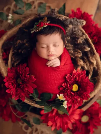 A festive and vibrant shot of a newborn wrapped in red, surrounded by bright red flowers. This is a wonderful idea for a baby born around a holiday.