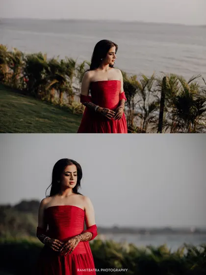 A diptych of the bride in her red gown, posing thoughtfully against the seaside backdrop.