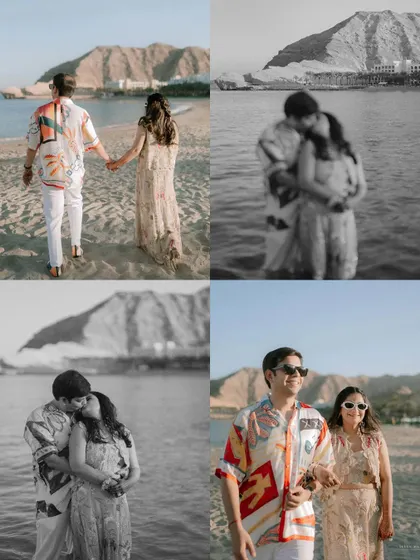 A collage featuring black and white moments from a beach pre-wedding shoot. It shows our versatility in using monochrome to capture both intimate and scenic shots.