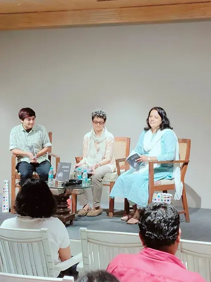 A candid shot of a panel discussion on our stage. We provide an intimate setting for authors to connect with their readers and discuss the stories behind their books.