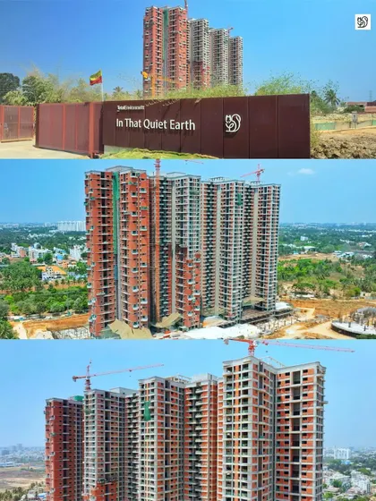 A ground-level shot of the project signage combined with aerial views of the towers, providing a complete project identity for progress reports.