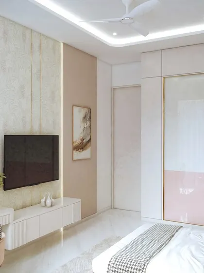 Another angle of the pink tropical bedroom 3D render, showing the designer wallpaper on the TV wall and the back-painted glass wardrobe shutters.
