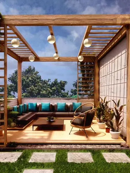 A spacious terrace design featuring a wooden pergola for partial shade. The layout includes a comfortable seating area, making it an ideal space for outdoor dining and entertaining.