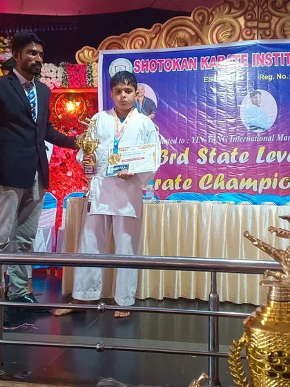 Another one of our young champs on the podium at the 3rd State Level Karate Championship. We train our students to be confident and competitive from a young age.