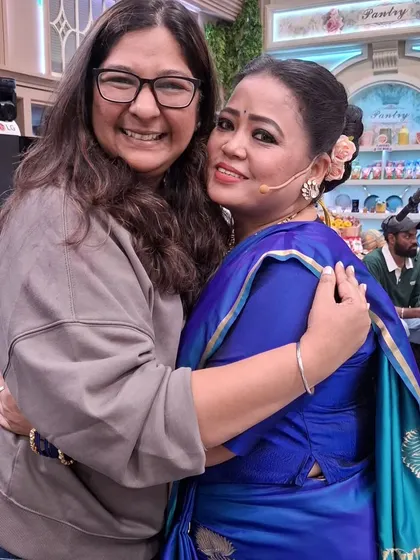 A happy moment with the queen of comedy, Bharti Singh, on the set of Laughter Chefs.