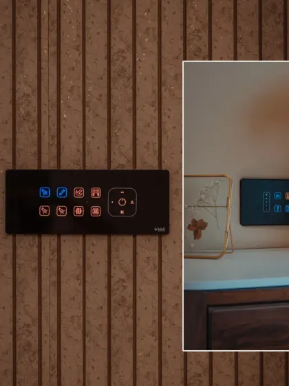 A collage showing how our smart panels integrate into different wall textures and next to decor items. The sleek black glass finish provides a modern touch.