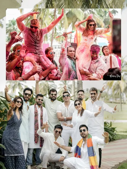 Before and after shots of the guests at the Holi party, from clean white outfits to being drenched in vibrant colors.